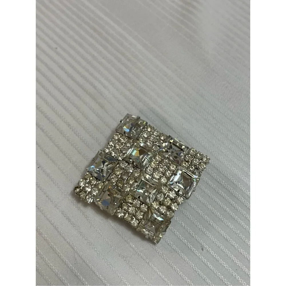 KRAMER VTG Square Rhinestone Brooch Estate Signed